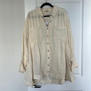 Free People Cream Button Down Longsleeve Dress